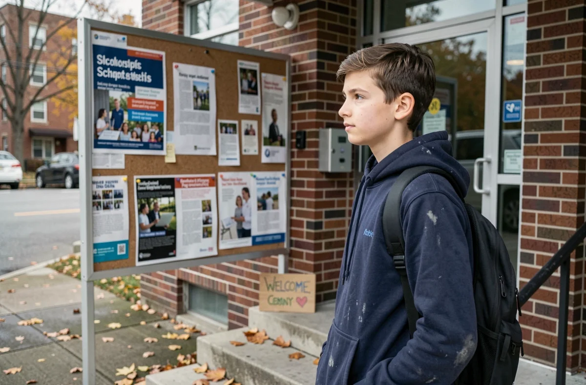 Un adolescent issu d'un milieu défavorisé consulte des affiches d'aide sociale et de bourses scolaires à l'entrée d'un centre associatif urbain