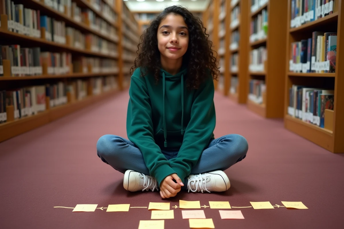 Adolescente organisant une frise chronologique avec des post-it colorés représentant les temps de l'indicatif dans une bibliothèque