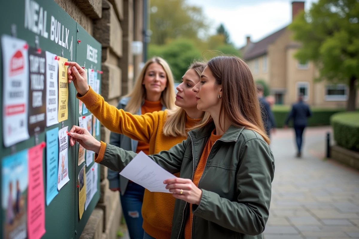 Trois personnes collant des flyers sur un panneau d
