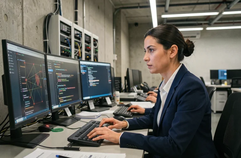 Analyste en cybersécurité surveillant des menaces informatiques sur plusieurs écrans dans un bureau moderne