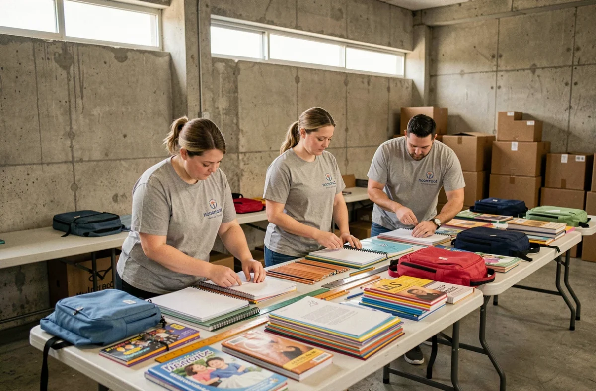 Des bénévoles trient des fournitures scolaires données pour des enfants défavorisés dans un entrepôt associatif