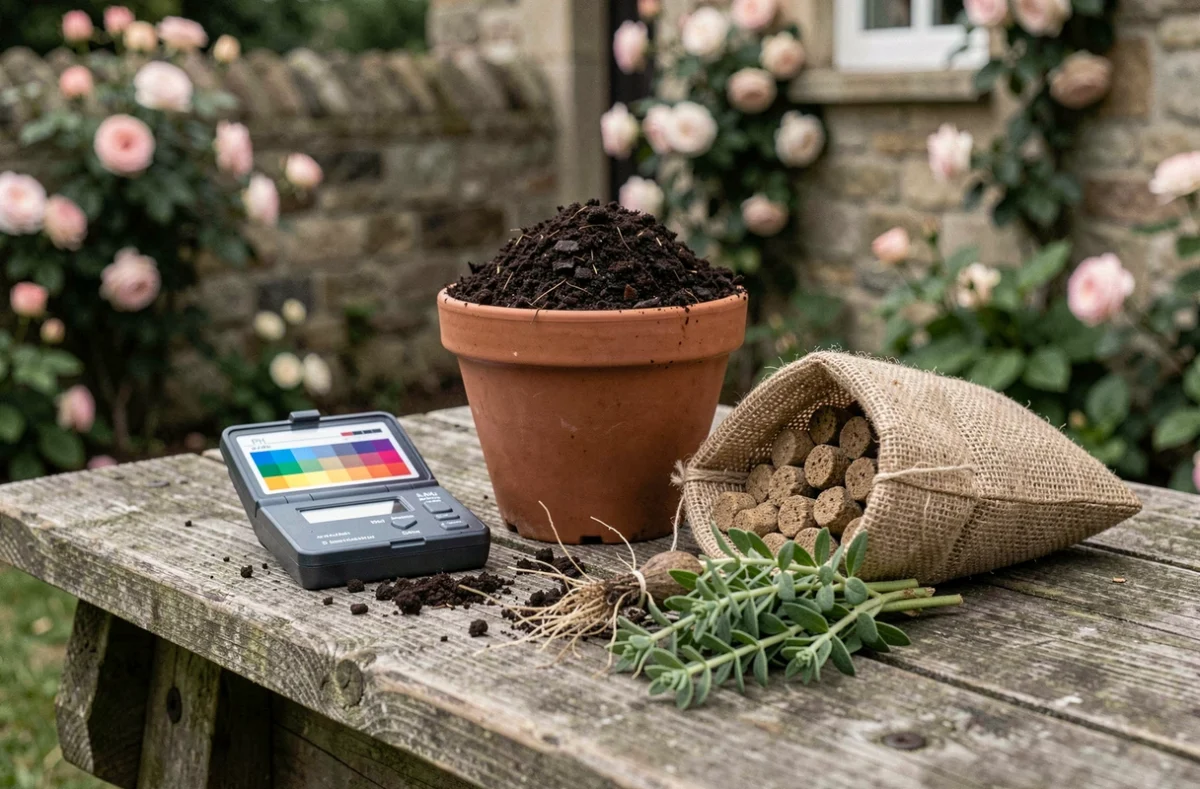 Banc de rempotage avec kit de test de pH du sol, compost et engrais organiques pour illustrer les besoins essentiels des plantes