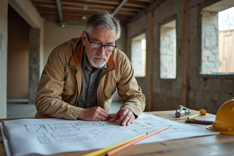 Architecte ou chef de chantier étudiant des plans de construction dans une maison en cours de rénovation