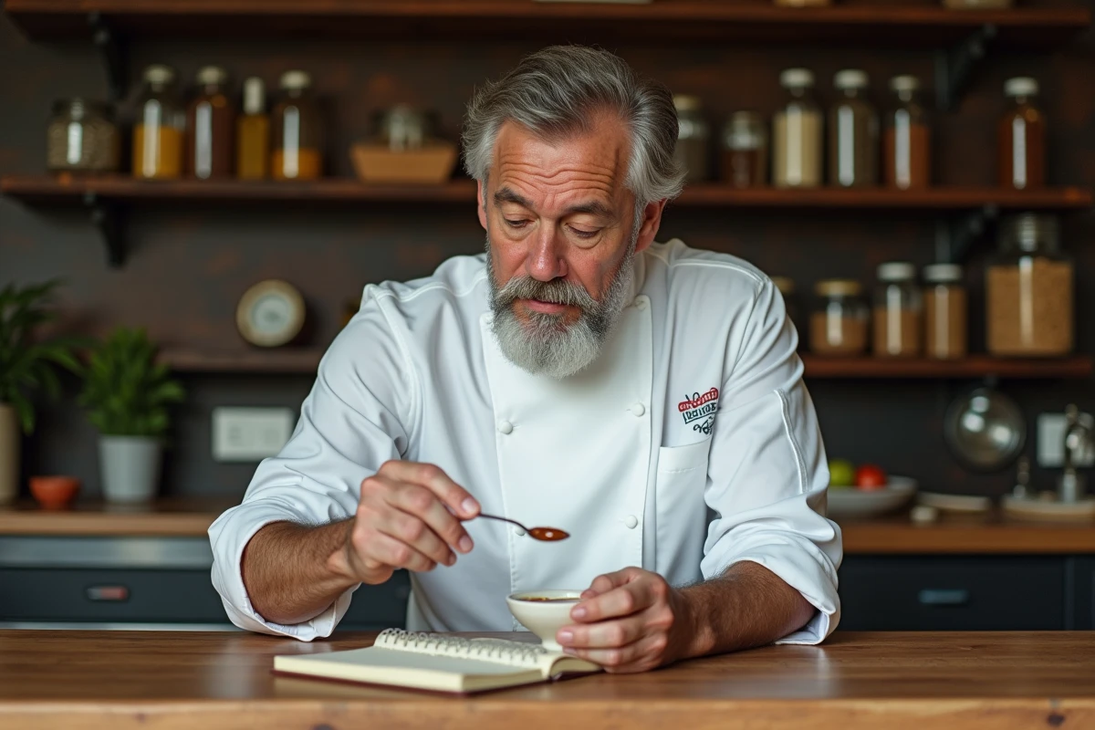 Chef cuisinier expérimenté goûtant une sauce et consultant ses recettes dans une cuisine de test artisanale