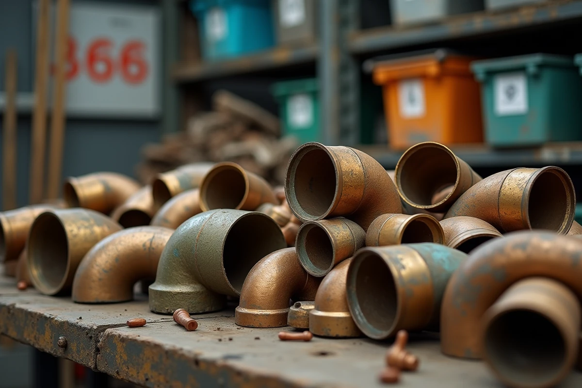 Gros plan sur des chutes et débris de bronze triés sur un établi dans un centre de recyclage métallurgique