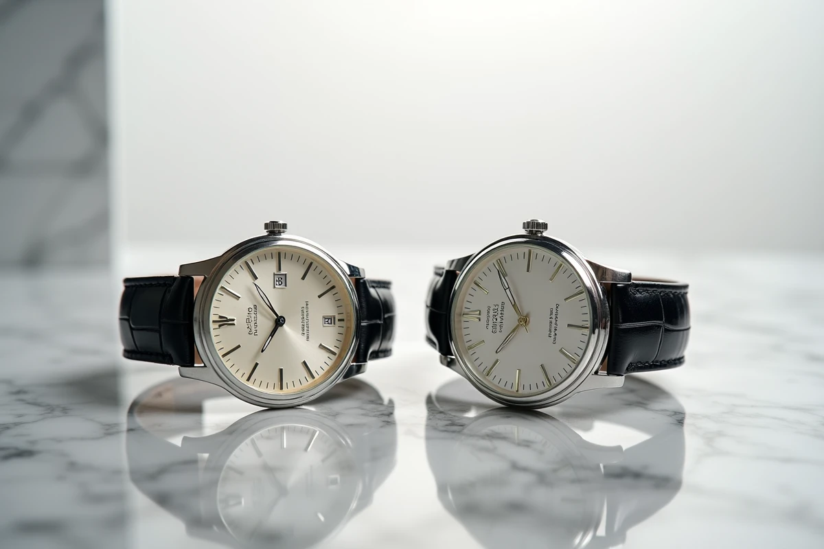 Comparaison côte à côte d'une vraie montre Orient et d'une contrefaçon pour identifier les différences visuelles