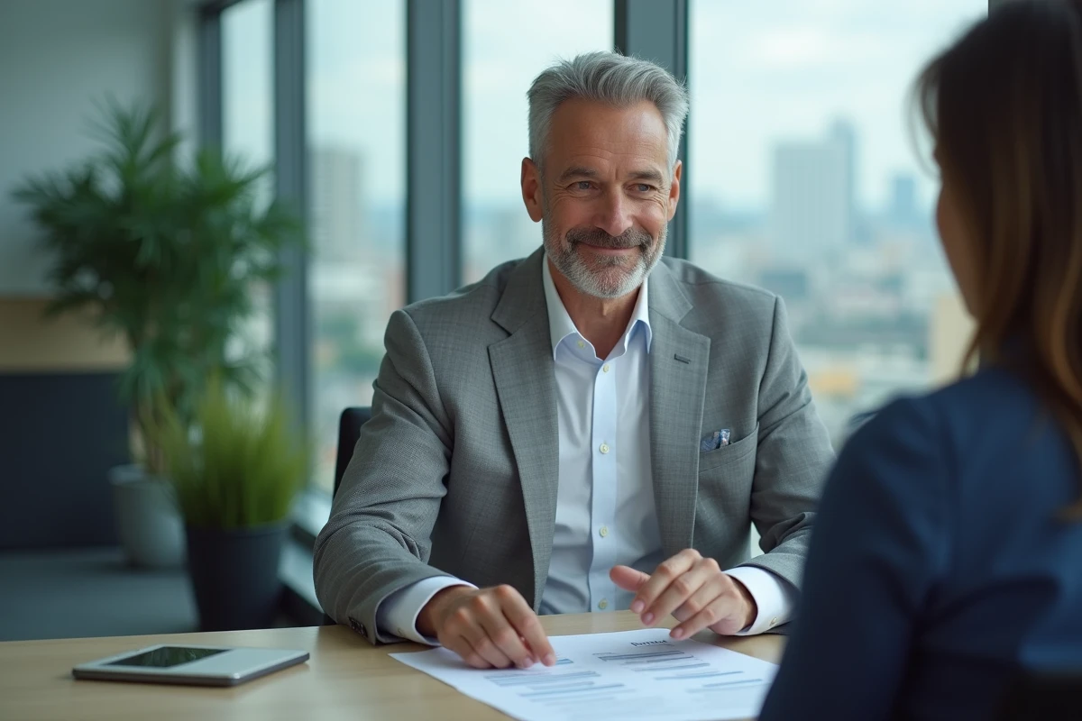 Conseiller en assurance présentant un tableau comparatif d'offres à un client dans un bureau moderne