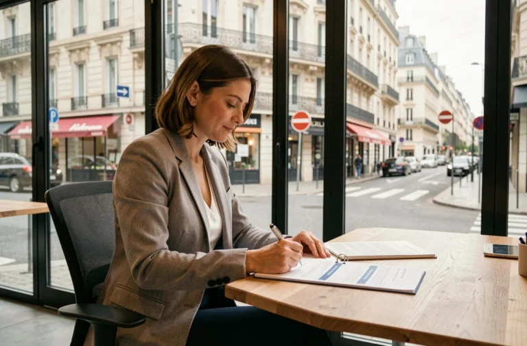 Conseillère immobilière à Lyon analysant des annonces de loyers dans une agence moderne