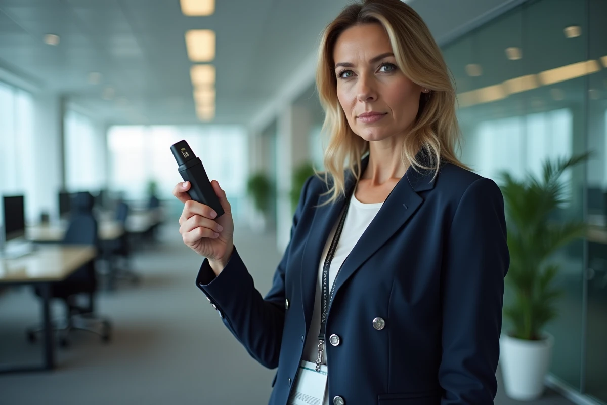 Consultante en sécurité utilisant un scanner de détection de signal RF dans un bureau moderne