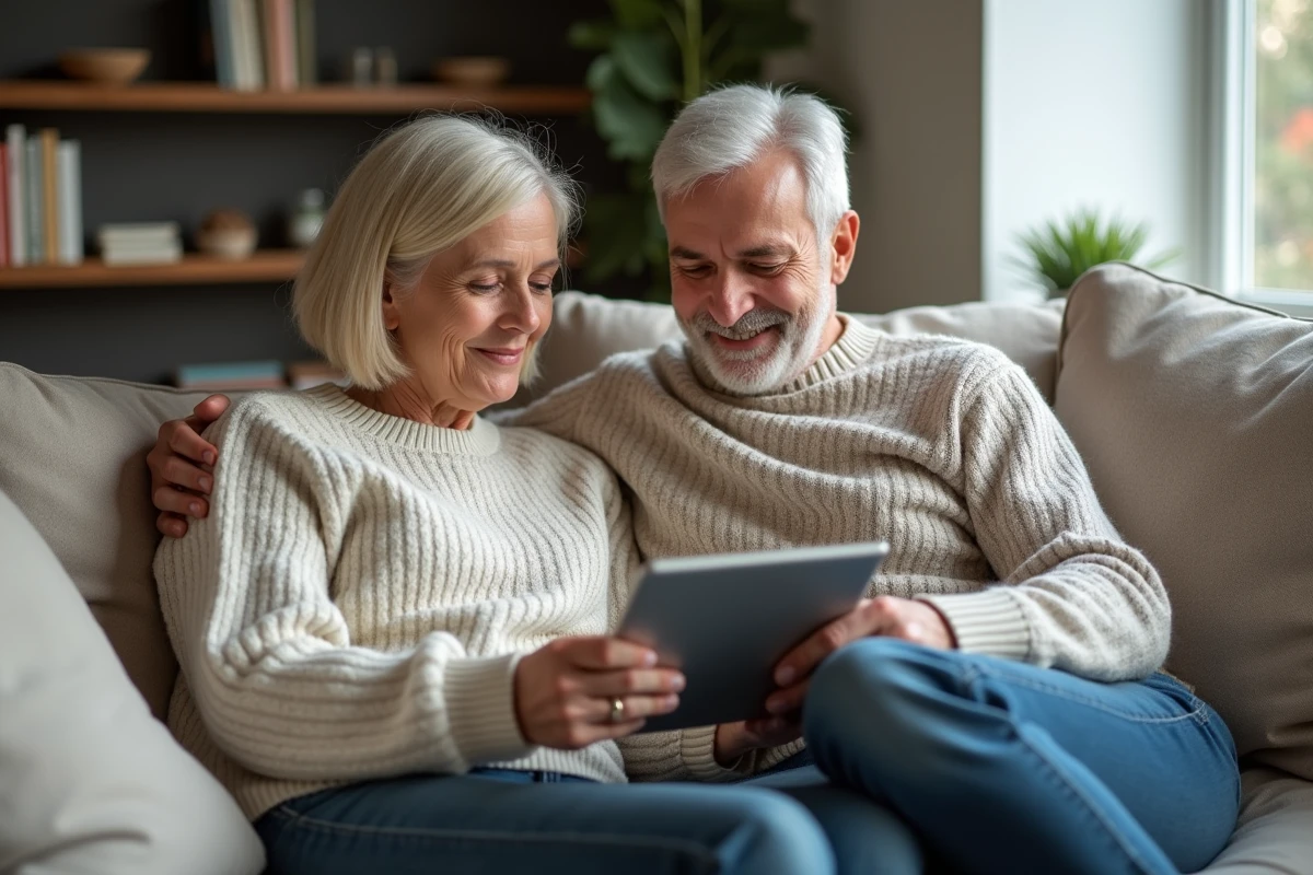 Couple dans la quarantaine consultant des offres d'assurance sur une tablette dans leur salon