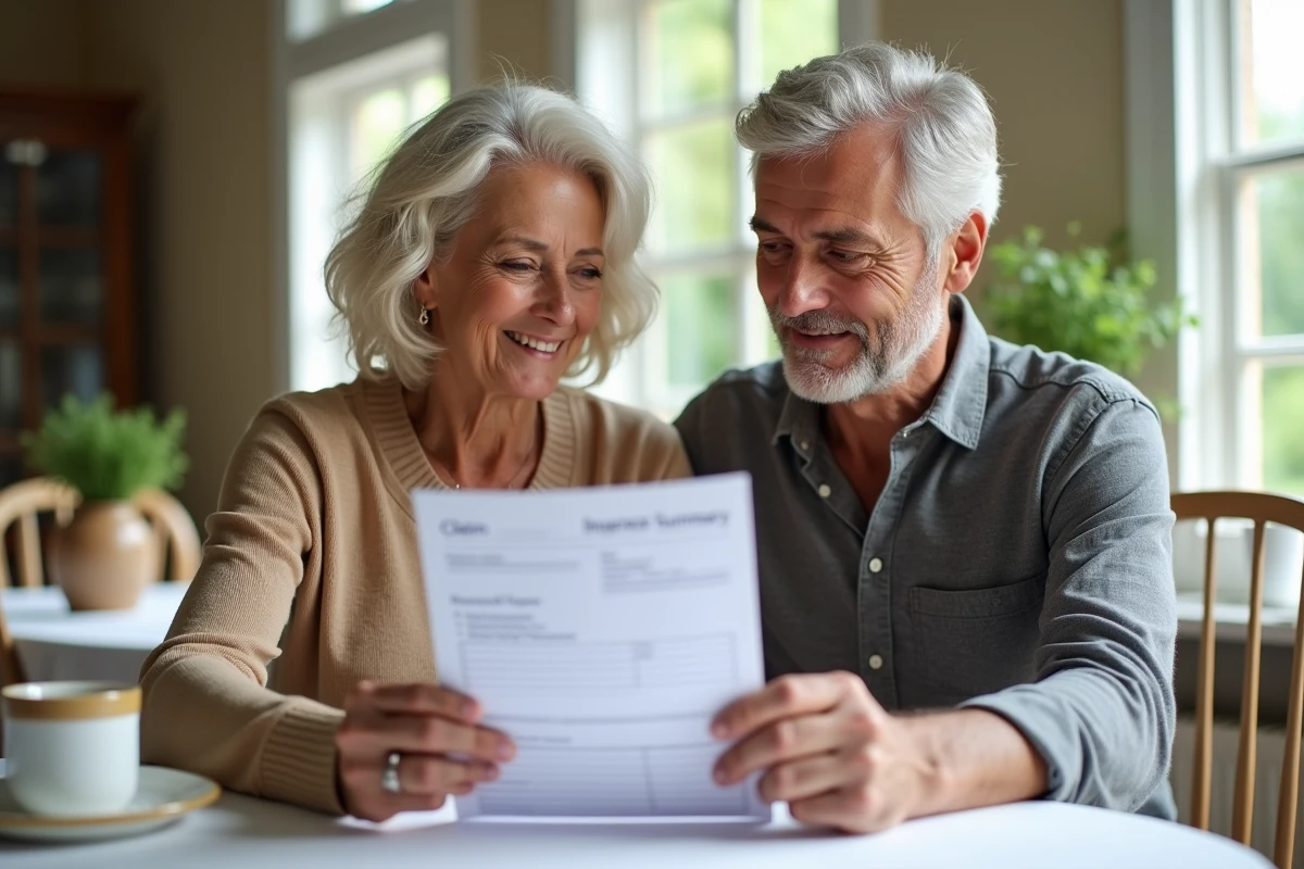 Couple de seniors vérifiant ensemble leur dossier de remboursement de santé auprès de la mutuelle Pacifica