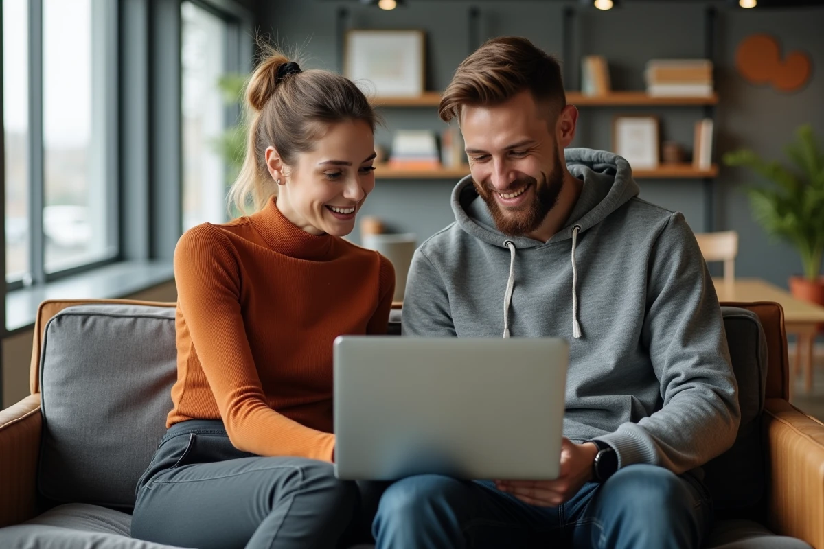 Deux professionnels créatifs consultant une plateforme de culture digitale et de photographie sur un laptop dans un bureau éditorial moderne