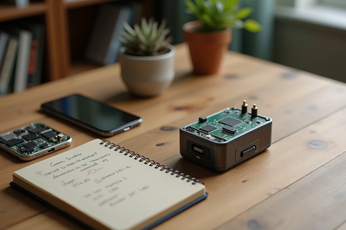 Détecteur de fréquence RF posé sur un bureau avec un smartphone démonté et des notes manuscrites sur la détection de signal