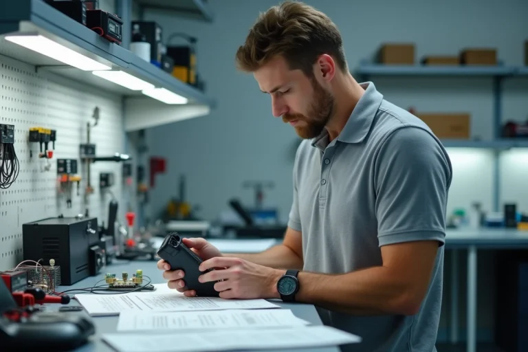 Ingénieur analysant un détecteur de téléphone portable dans un laboratoire électronique professionnel