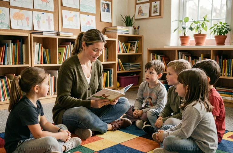 Une éducatrice bénévole lit un livre illustré à un groupe d'enfants défavorisés dans une salle de classe chaleureuse d'un centre communautaire