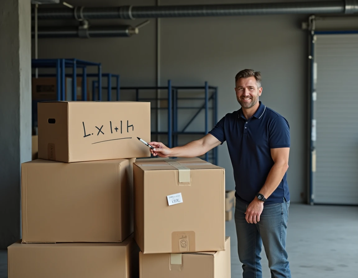 Homme dans un entrepôt montrant l'étiquette de dimensions L x l x H sur des colis empilés pour l'expédition
