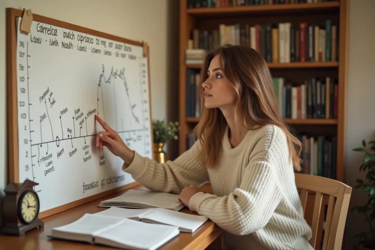 Jeune femme étudiant les temps de l'indicatif sur une frise chronologique manuscrite dans un bureau cosy