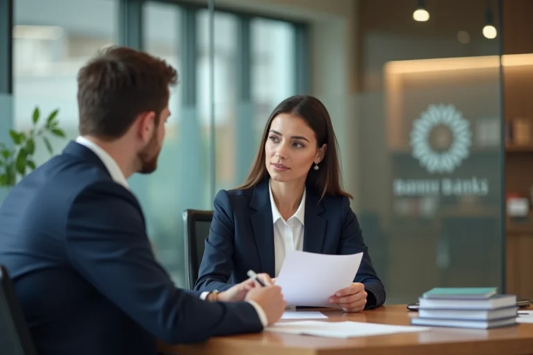 Femme d affaires en discussion avec conseiller bancaire