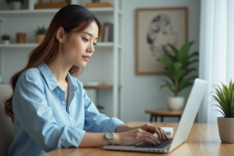 Femme concentrée sur son ordinateur dans un bureau moderne