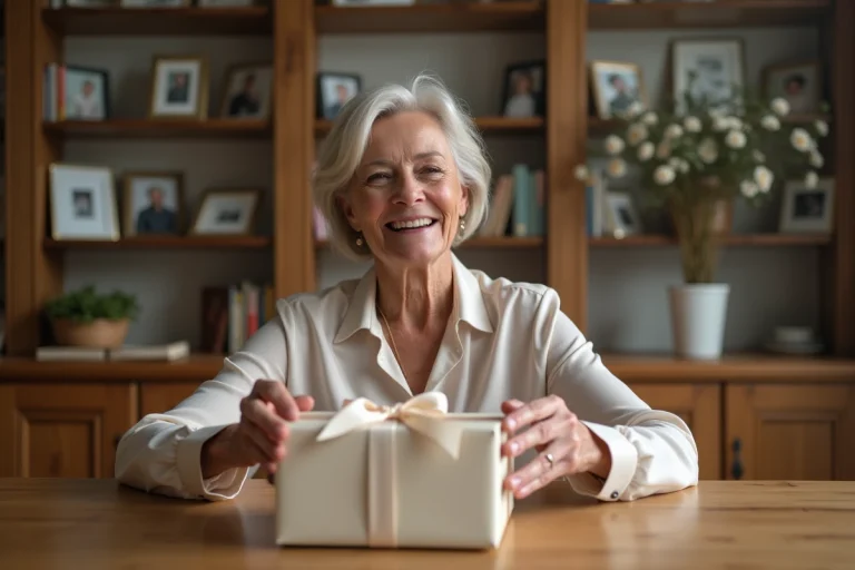 Femme élégante ouvrant un cadeau d'anniversaire avec surprise