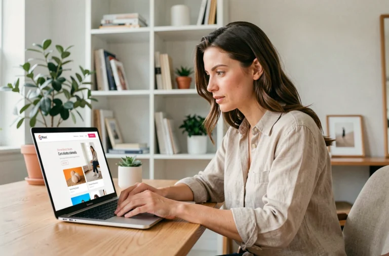Femme découvrant les nouveautés d'un site web sur son ordinateur portable dans un bureau moderne et épuré