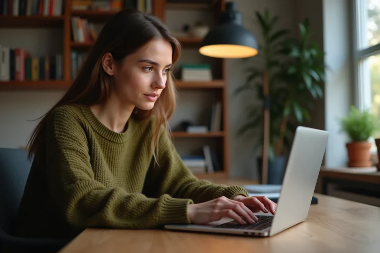 Jeune femme explorant un forum web sur son ordinateur portable dans un bureau à domicile moderne