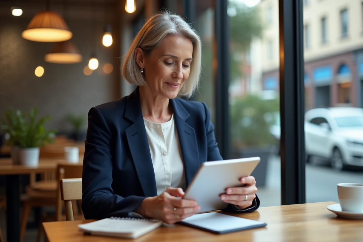 Femme lisant un forum web sur une tablette dans un café urbain pour rester informée des actualités