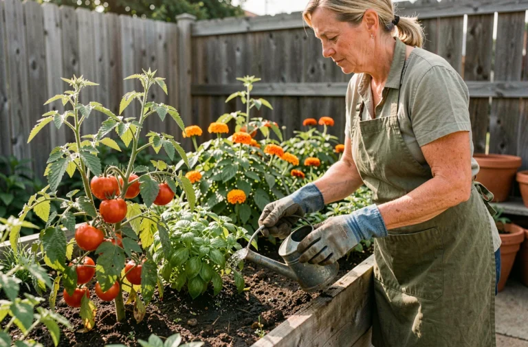 Femme jardinière arrosant ses plants de tomates et basilic dans un potager surélevé en bois, entourée de pots en terre cuite