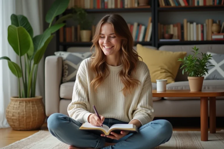 Femme assise en intérieur en train de journaler dans un cadre cosy
