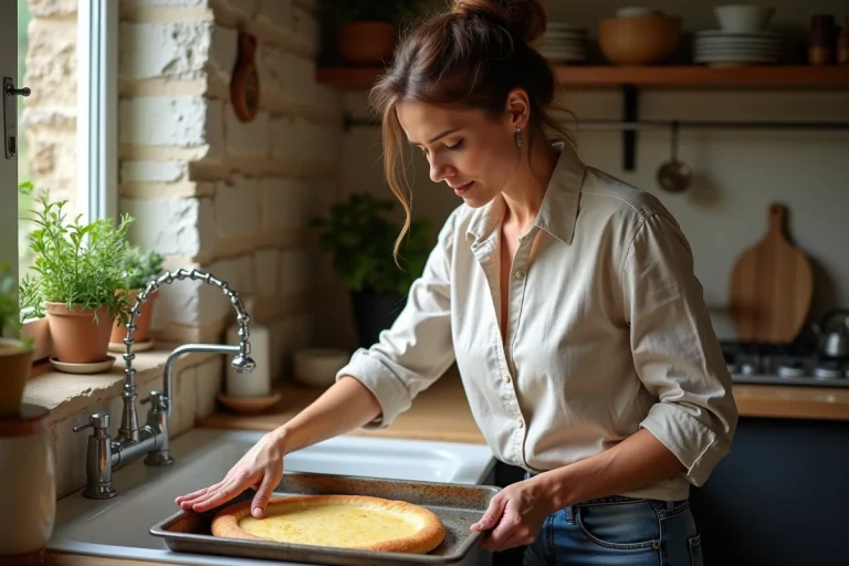 Femme nettoyant un plat de socca dans une cuisine provençale