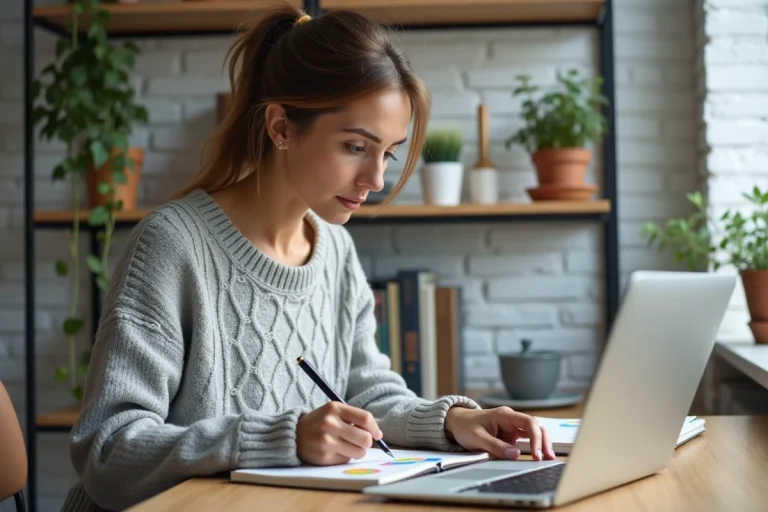 Femme concentrée prenant des notes dans un carnet devant un ordinateur affichant des cartes mentales, pour optimiser sa mémoire et ses méthodes de sauvegarde cérébrale