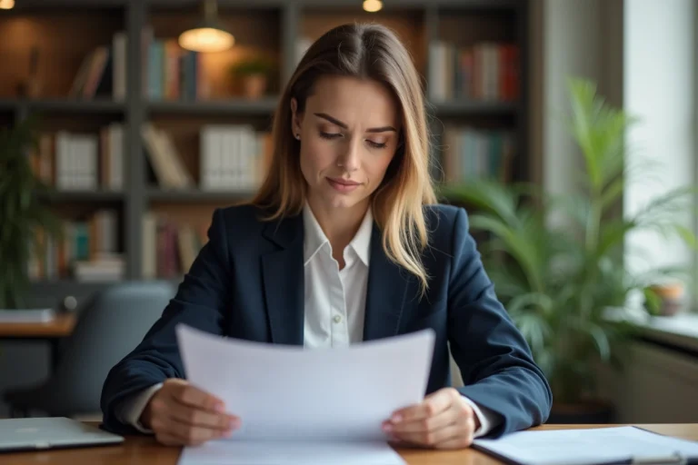 Femme professionnelle en blazer marine étudiant des documents d'assurance à son bureau en bois