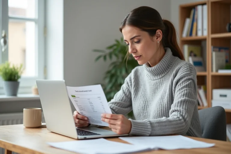 Femme consultant ses justificatifs médicaux et le portail en ligne de la mutuelle Pacifica pour préparer un remboursement