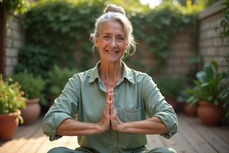 Femme senior pratiquant le yoga en plein air pour préserver sa santé et bien vieillir sereinement