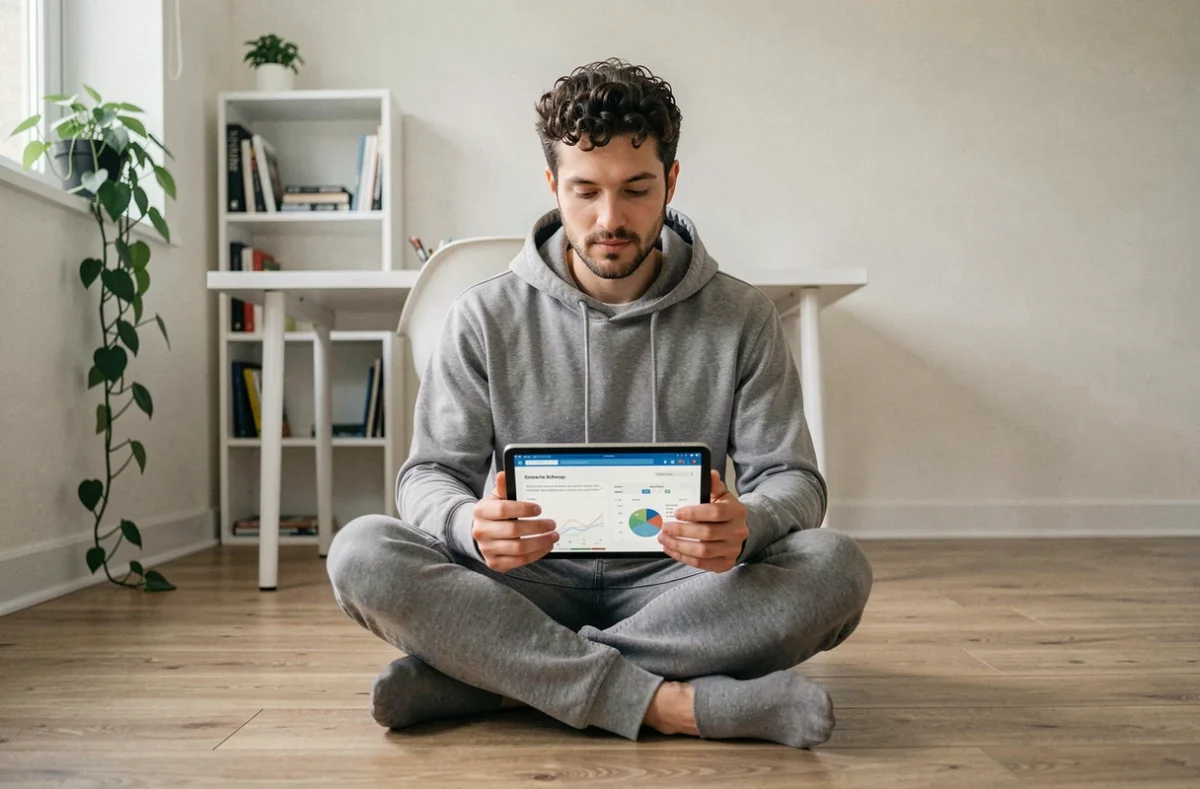 Jeune homme étudiant une formation en data analytics sur tablette dans un bureau à domicile minimaliste