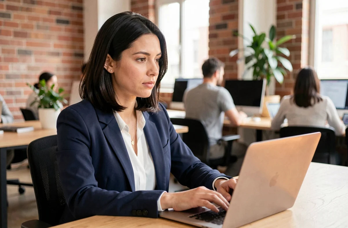 Femme professionnelle suivant une formation digitale en ligne dans un espace de coworking moderne