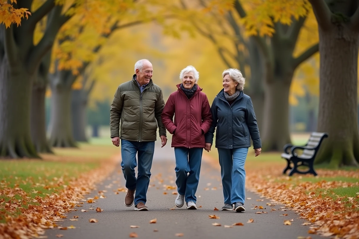 Groupe d'amis seniors se promenant en plein air pour maintenir leur santé physique et sociale en vieillissant