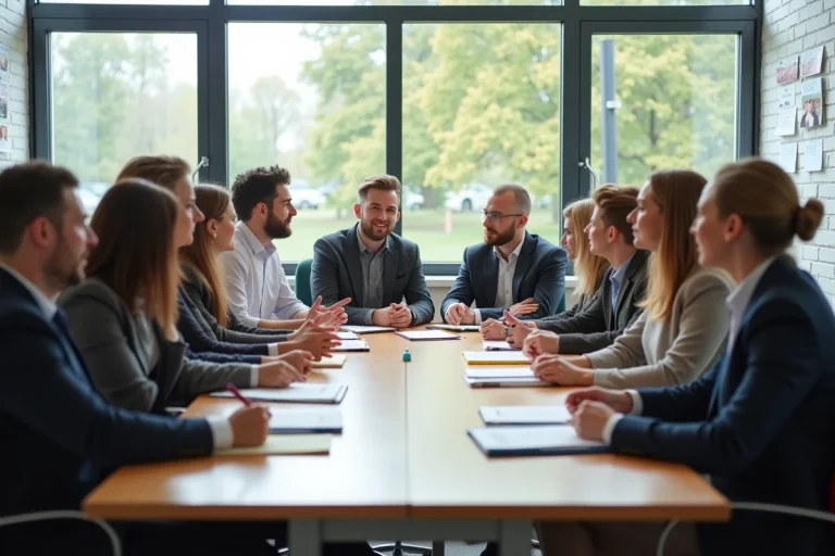 Groupe de citoyens en réunion dans une salle moderne