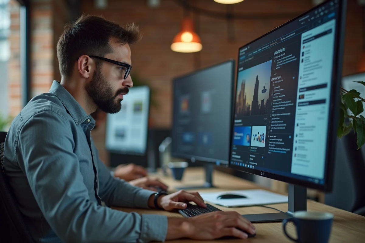 Homme consultant des actualités web et forum en ligne dans un espace de coworking moderne