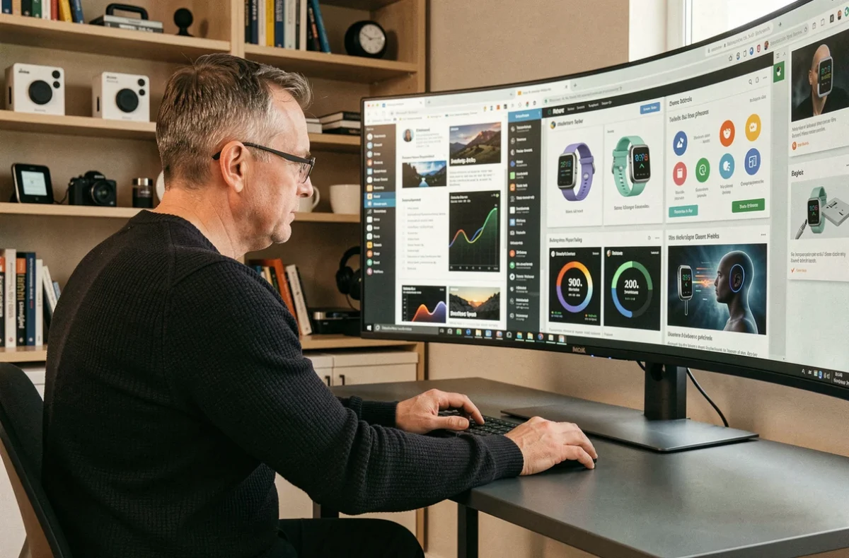 Homme en télétravail explorant les dernières tendances high-tech sur un écran incurvé dans un bureau moderne