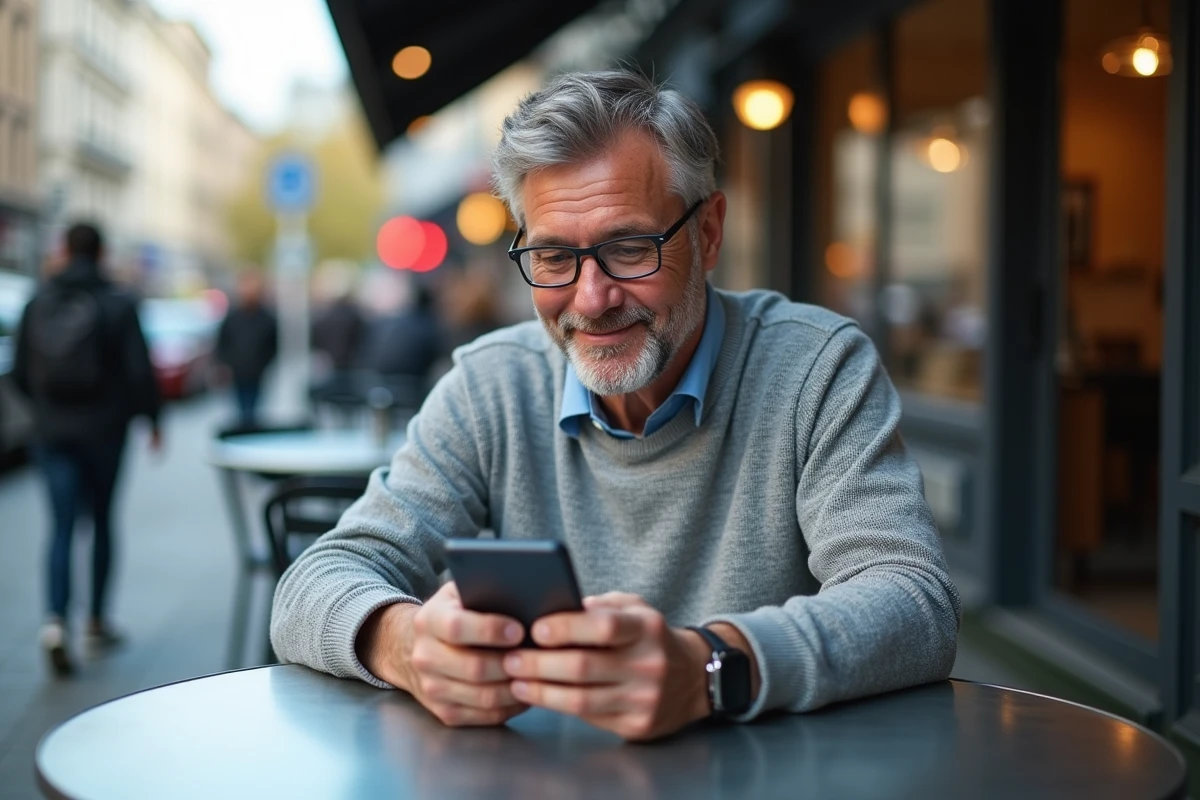 Homme utilisant son smartphone dans un café urbain
