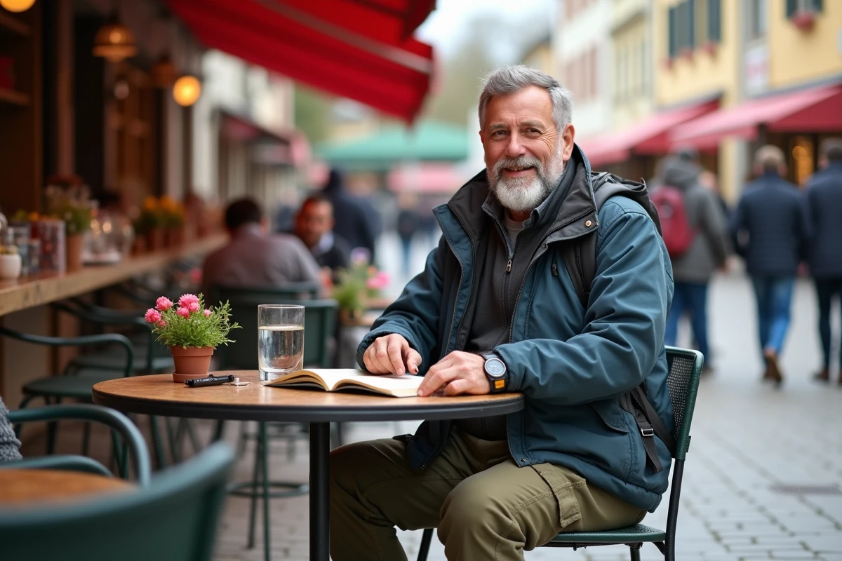 Homme souriant discutant avec un vendeur dans un café de village