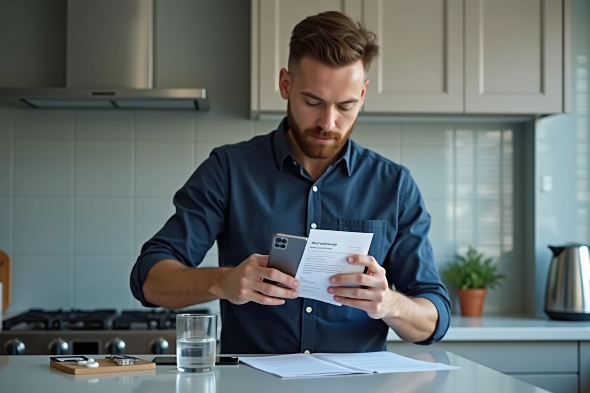 Homme photographiant ses documents médicaux avec son smartphone pour soumettre un remboursement à la mutuelle Pacifica