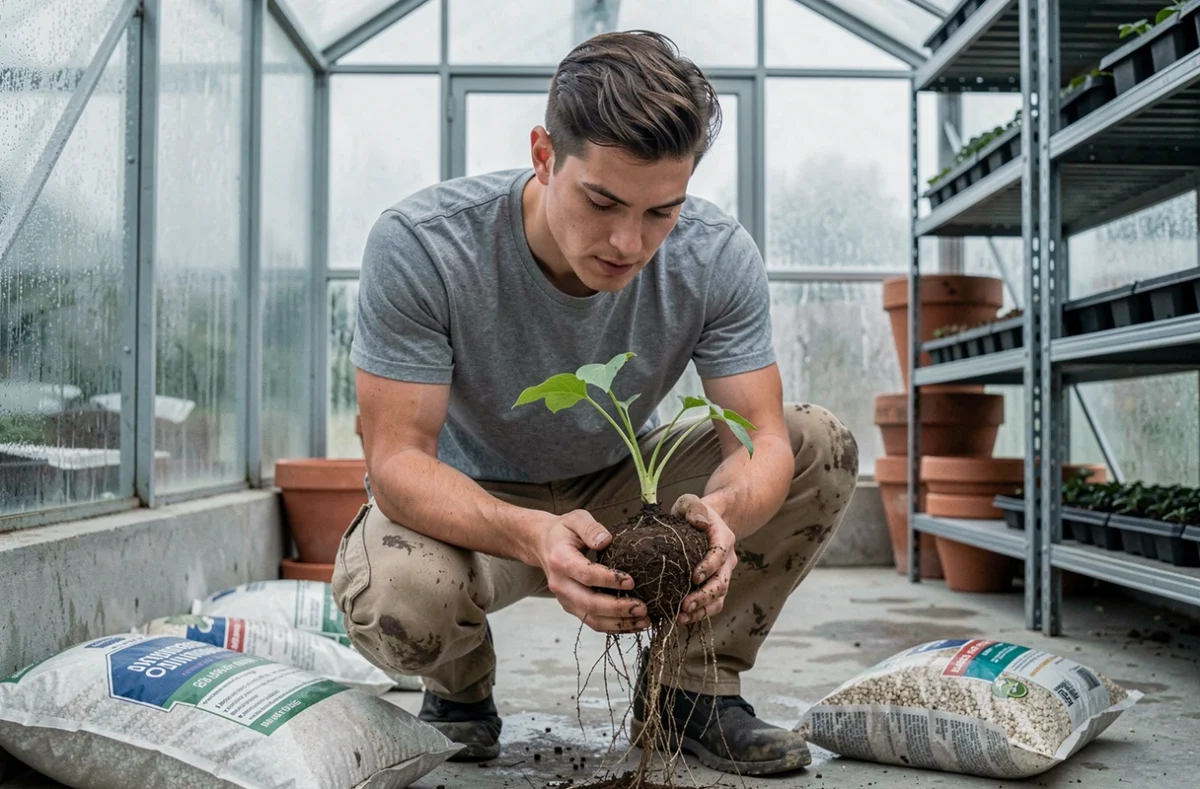 Jeune homme examinant les racines d'un plant en serre, entouré de compost et de plaques de semis