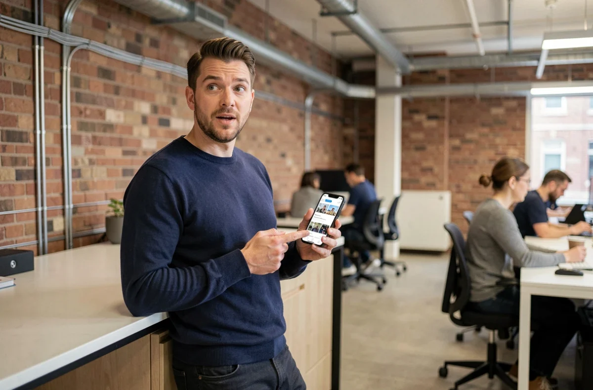 Homme consultant les mises à jour d'un site web sur son smartphone dans un espace de coworking moderne