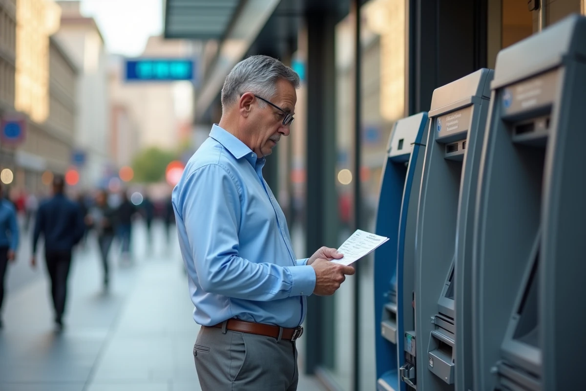 Homme d affaires utilisant un distributeur automatique en ville