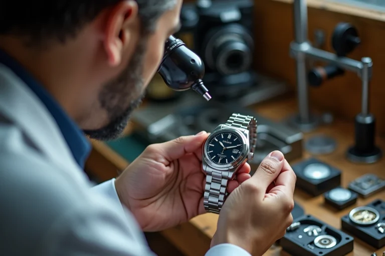 Horloger inspectant de près une montre Orient automatique avec une loupe de bijoutier pour en vérifier l'authenticité