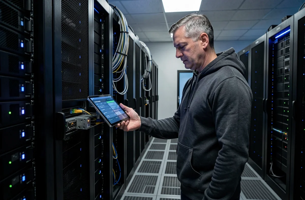 Ingénieur informatique inspectant des serveurs dans une salle de datacenter pour renforcer la sécurité réseau