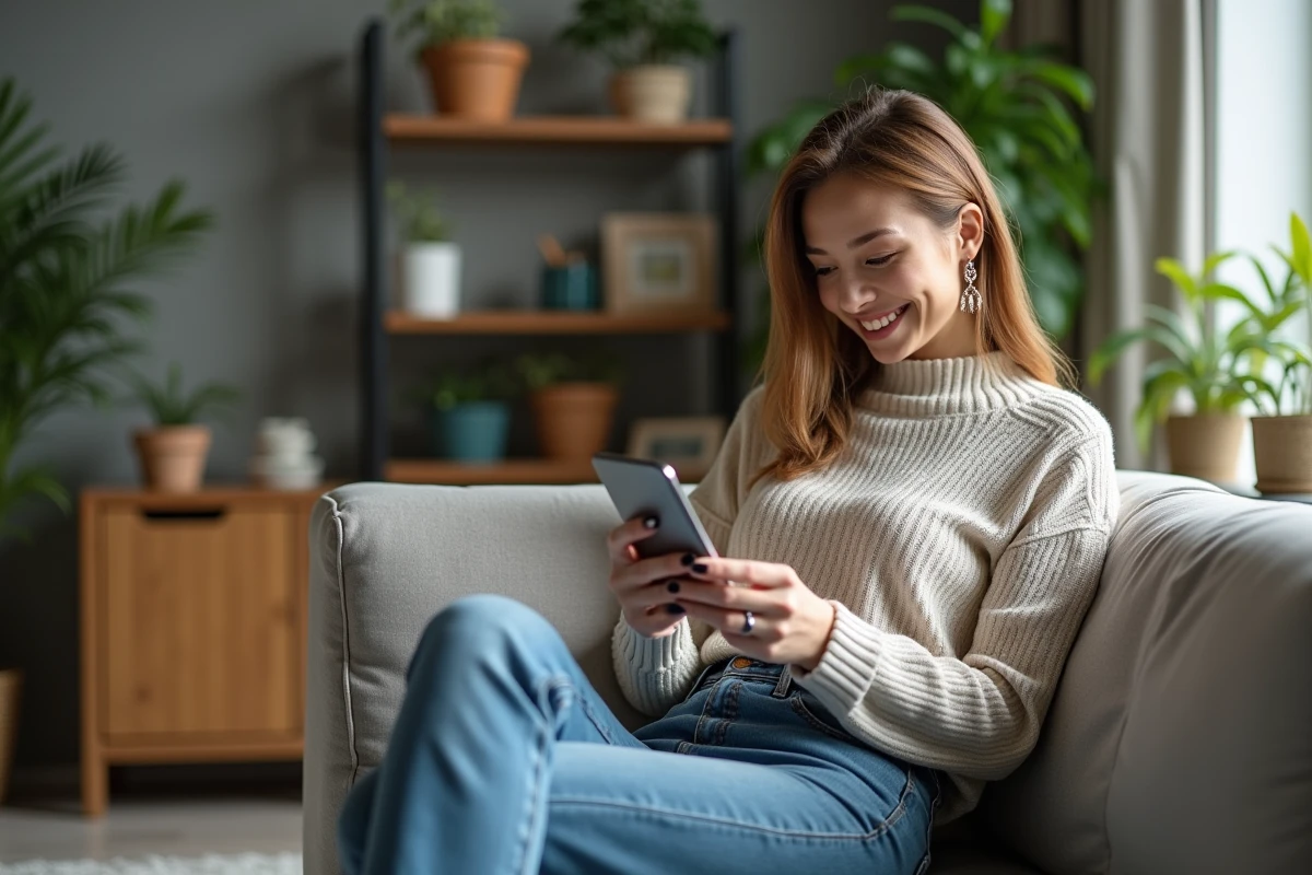 Jeune femme souriante utilisant son smartphone dans un salon moderne