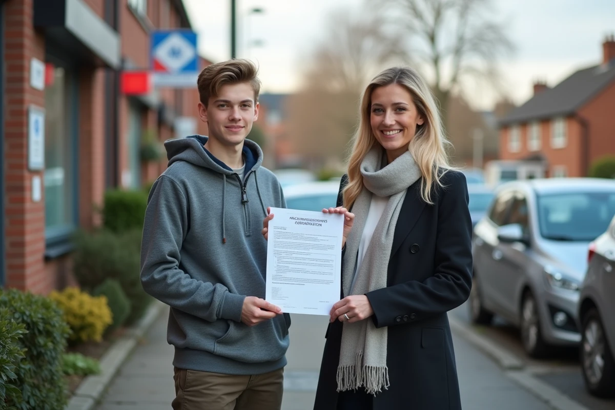 Jeune homme avec un formulaire de supervision devant une école